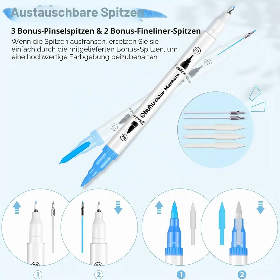 Ohuhu Filzstifte 60 Farben Dual Brush Pen Set - Pinselmarker & Fineliner, Filzstifte – Spitzen und Strichbreiten