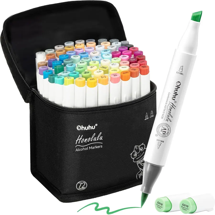 Ohuhu Alkohol Marker mit Pinselspitze: 72 Farben Doppelspitziges Künstlermarker-Set für Erwachsene zum…