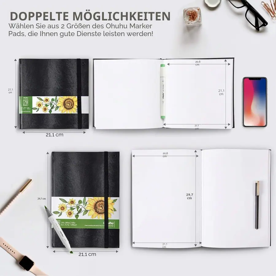 Ohuhu 2er-Set Skizzenbücher A4 + 21x21 cm, 200 g/m² – Format A4 & Quadratisch 21 x 21 cm – Miniaturansicht 5