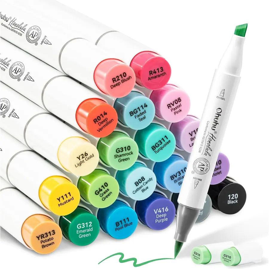 Ohuhu Alkohol Marker 24 Basis Farben Pinsel & Keil für Skizzen