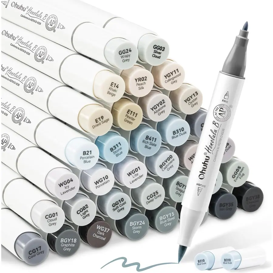 Ohuhu Graustufen Marker 36 Pinsel & Fein mit Mischer für Schattierung