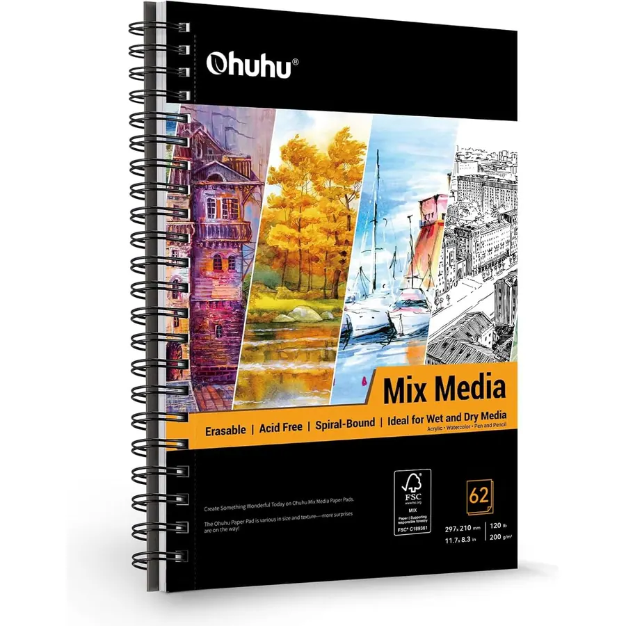 Ohuhu A4 Skizzenbuch Mischtechnik - 200g/m² säurefreies Papier (124 Seiten/62 Blatt), Spiralbindung…