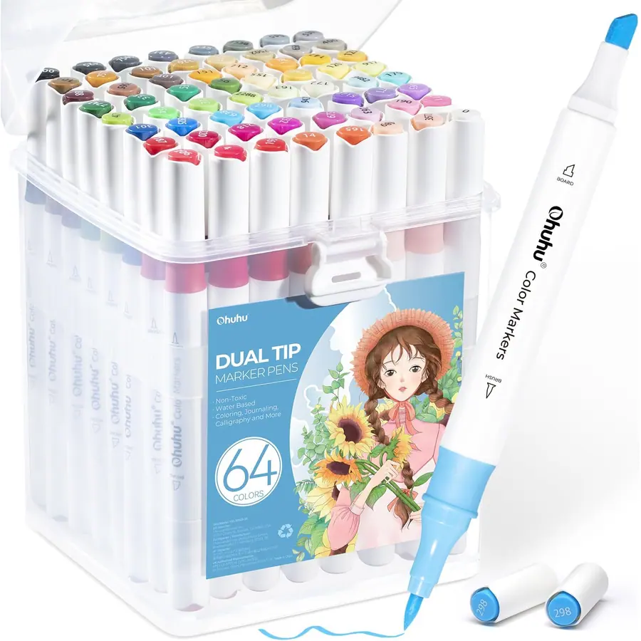 Ohuhu Marker Stifte auf Wasserbasis, 63+1 Farben Filzstifte Set Doppelspitze Marker für Erwachsenen…