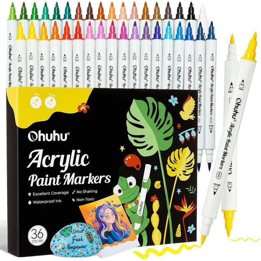Ohuhu Acrylstifte, 36 Farben Acrylic Marker mit feiner und Pinselspitze(Doppelspitze) - Wasserfest,…
