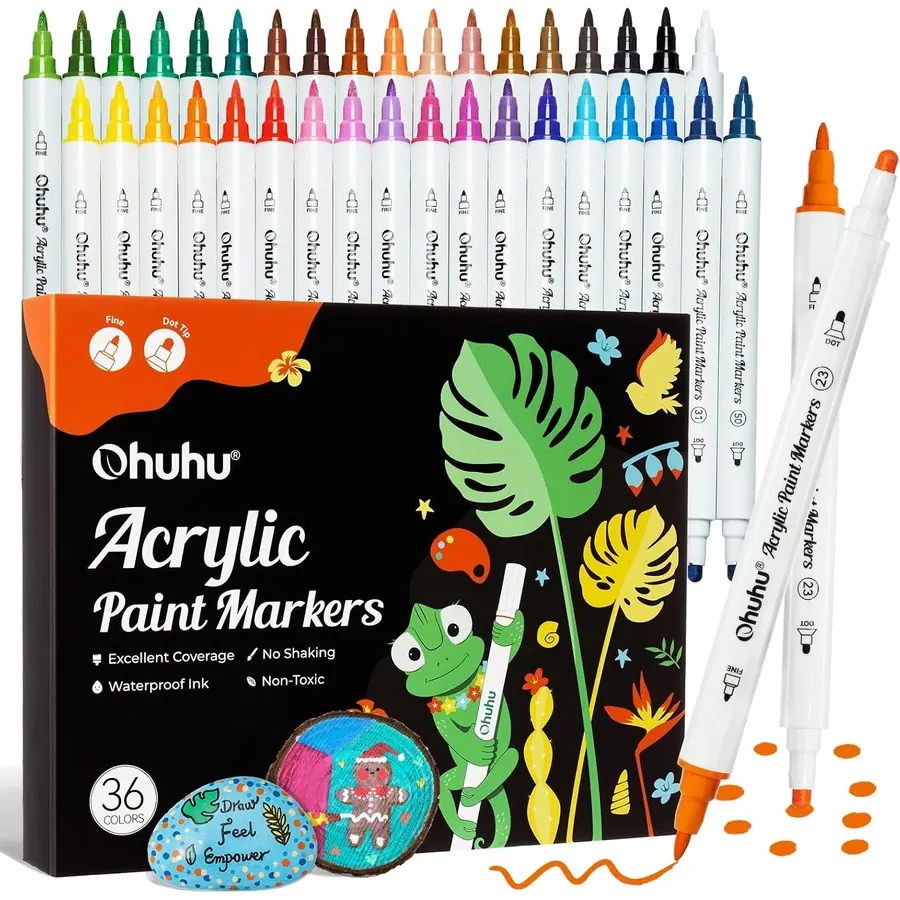 Ohuhu Acrylstifte, 36 Farben Acrylic Marker mit zwei Spitzen (Fein und Punkt) - Wasserfest, Lichtechte,…