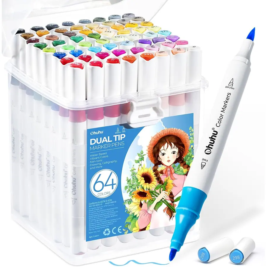 Ohuhu Marker 64 Pinsel & Fein wasserbasiert zum Ausmalen & Zeichnen