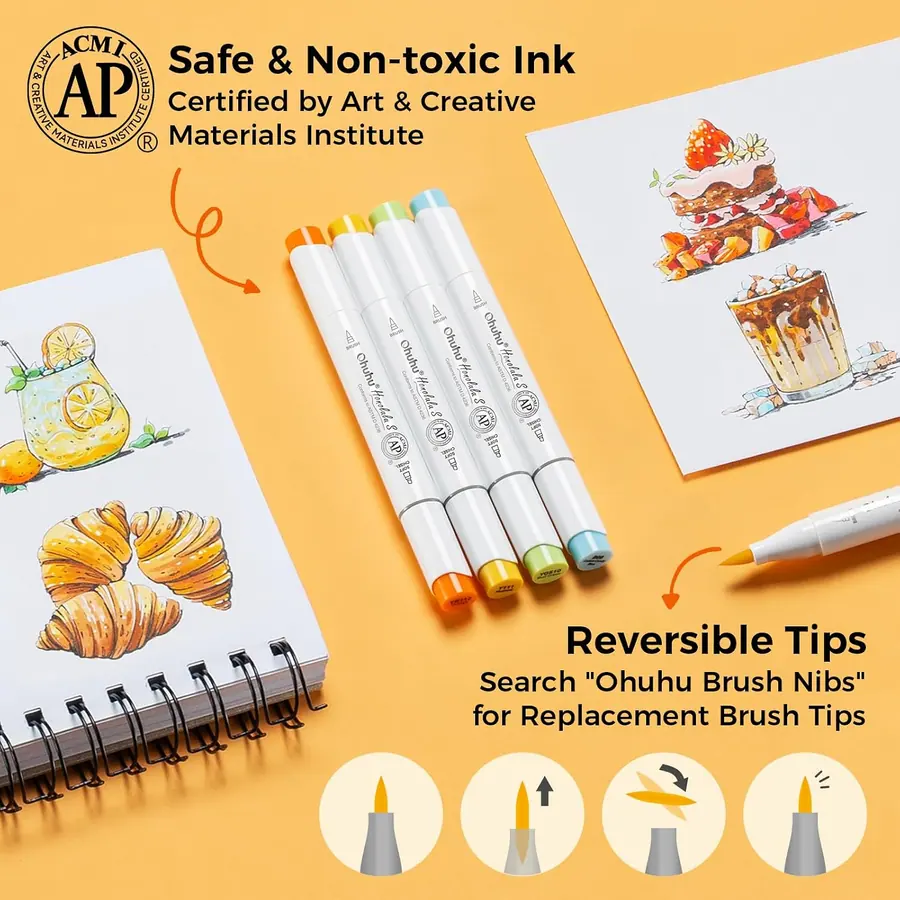 Ohuhu Marker, 48+1 Farben Pinsel und weicher Meißel Doppelte Spitzen – Modell Honolulu S – Miniaturansicht 6