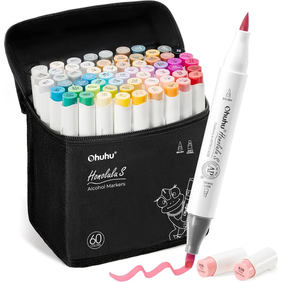 Ohuhu Marker, 60+1 Farben Pinsel und weicher Meißel Doppelte Spitzen