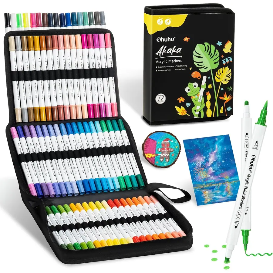 Ohuhu Acrylstifte, 72 Farben Acrylic Marker mit zwei Spitzen (Pinsel und Punkt) - Wasserfest, Lichtechte,…