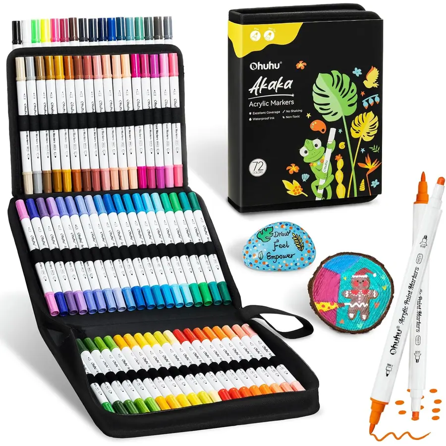 Ohuhu Acrylstifte, 72 Farben Acrylic Marker mit zwei Spitzen (Fein und Punkt) - Wasserfest, Lichtechte,…