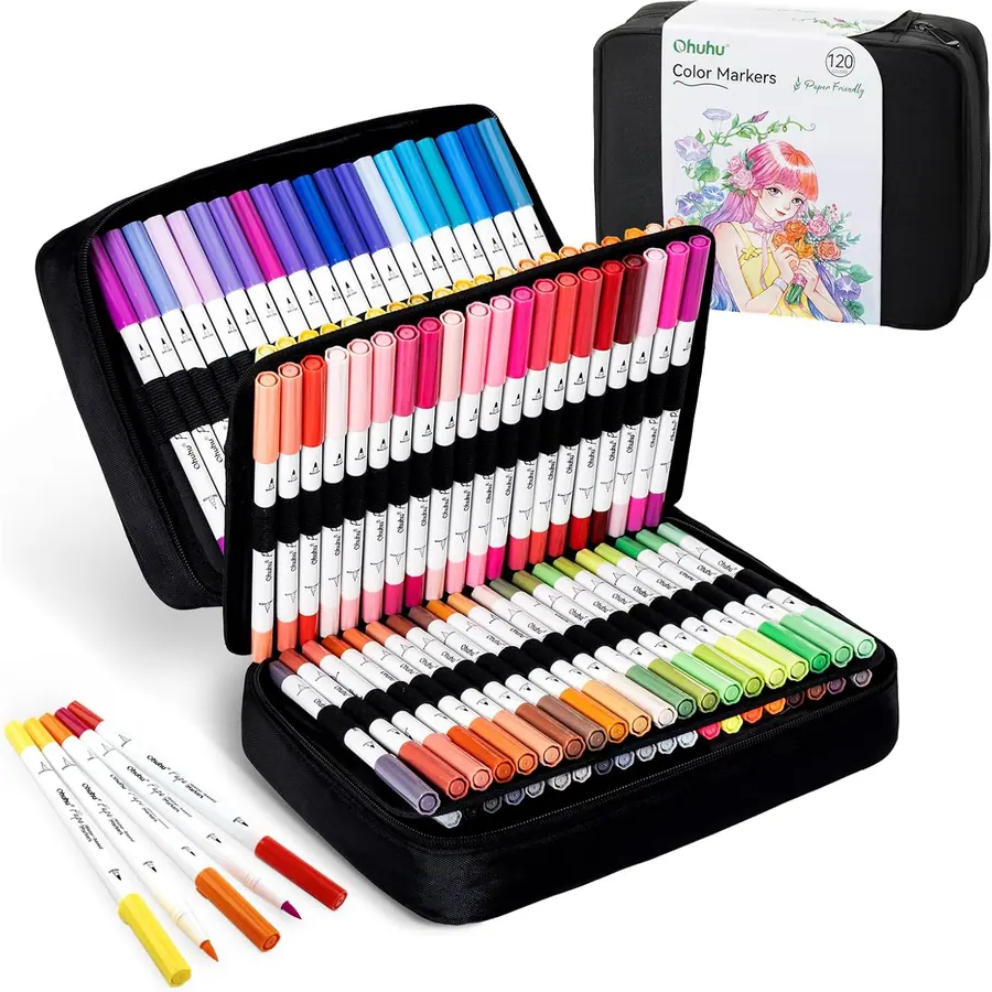 Ohuhu 120 Farben Filzstifte - Papierfreundliche Marker auf Wasserbasis, Doppelspitzige Filzstifte Set…