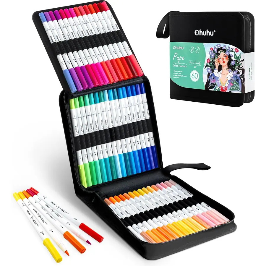 Ohuhu Filzstifte Paper-Friendly, 60 Farben Marker auf Wasserbasis, Doppelspitzige Filzstifte Set…