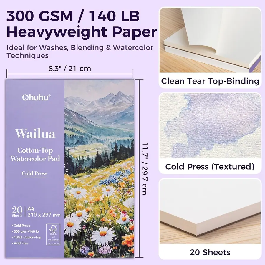Ohuhu Aquarellpapier A4, 20 Blatt 300g/m² Kaltgepresst - 100% – B0GF7GTG5D – Miniaturansicht 6