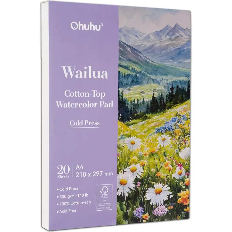 Ohuhu Aquarellpapier A4, 20 Blatt 300g/m² Kaltgepresst - 100% Baumwoll-Oberfläche mit Patentierter…
