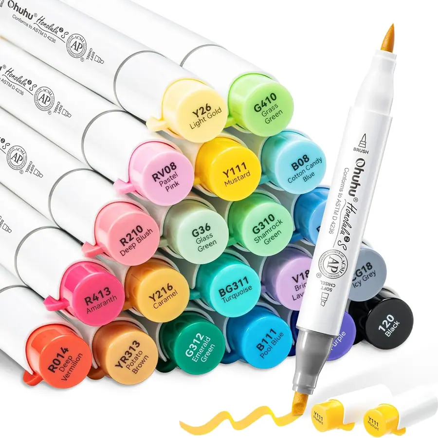 Ohuhu Marker, 24+1 Farben Pinsel und weicher Meißel Doppelte Spitzen